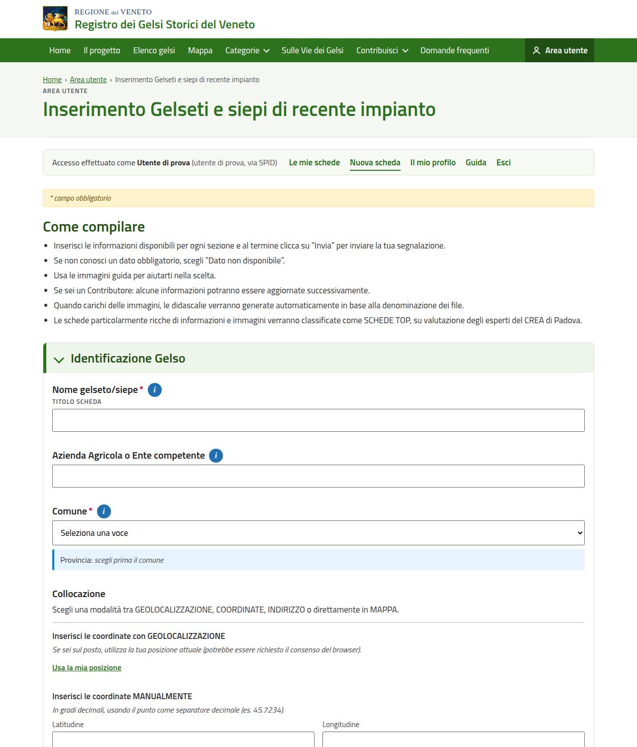 Schermata del modulo Gelseti e siepi di recente impianto